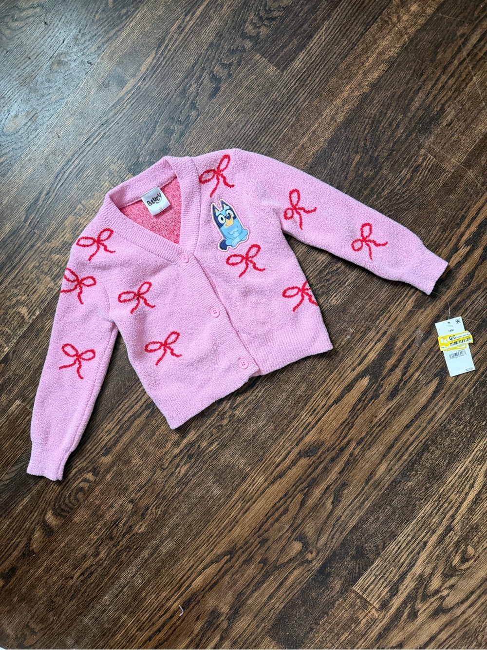 Disney’s Bluey Girls’ Plush Pink Bow Print Cardigan Sweater with Bluey Patch